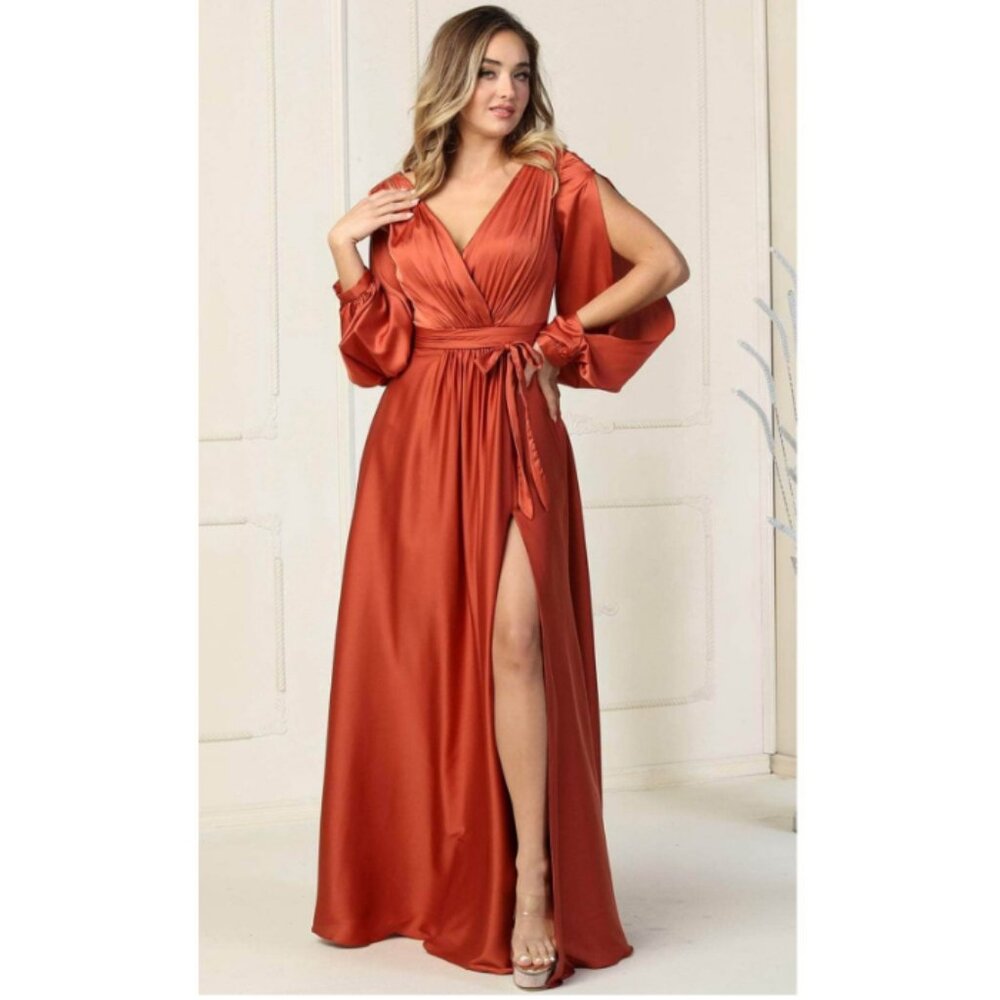 Rust Prom Long V-Neck Split Long Sleeves A-Line Dress By May Queen MQ1857